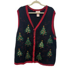 Basic Editions Holiday Sweater Vest 3X Christmas Tree Embroidered Black & Red
